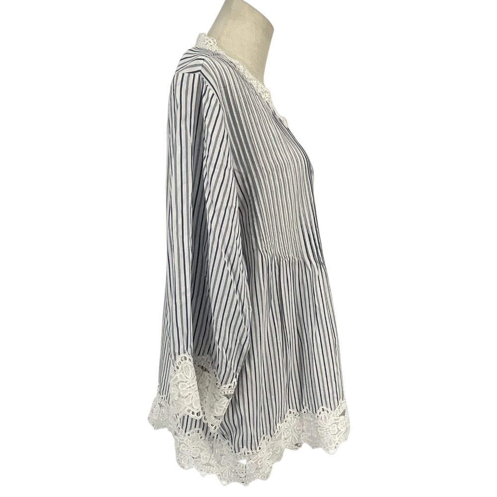 Chelsea & Theodore Woman Blue White Striped Lace Trim Tunic Top 1X Cottagecore - Picture 6 of 11